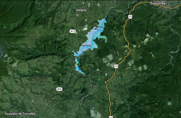 Map of the Reventazon River Reservoir between Turrialba and Siquirres in Costa Rica.